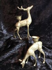 Candle Holders Brass Pair Reindeer 5”& 6” Tall Cabin Cottage Holiday Christmas
