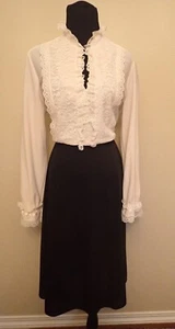 70s VTG Jane Baar Ivory Black Dress Keyhole Ruffled Lace Neck 20 - Picture 1 of 6