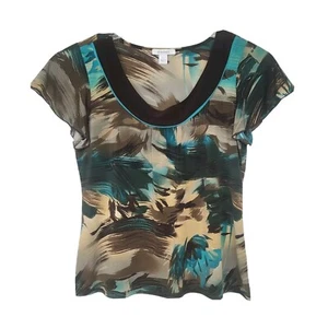 Dressbarn Womens Top Size L Large Stretch Brown Multicolor Print Blouse - Picture 1 of 7