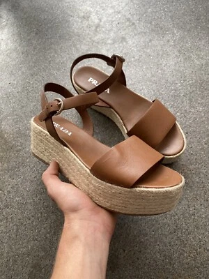 Prada Wedge Leather Beige Platforms Sandals EU41.5 - Image 1 of 4