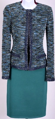ST.JOHN Women's Tweed Green Teal Blue Gold Metallic Shimmer Jacket Skirt Sz 4 - Image 1 of 4