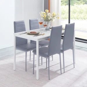 4x Grey Faux Leather Dining Chairs&White Marble MDF Top Dining Table Dining Set - Picture 1 of 9