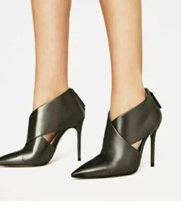 Zara pewter Genuine leather wrap around crossover high heel ankle bootie 37/7 - Picture 1 of 12