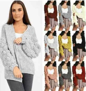 Ladies Women Bubble Bobble Sleeve Knitted Cardigan Chunky Knit Winter Jumper UK - Picture 1 of 58