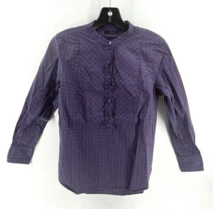 J. Camisa Crew para mujer con cuello con volantes abotonados azul rojo a cuadros M 100 % algodón - Imagen 1 de 9