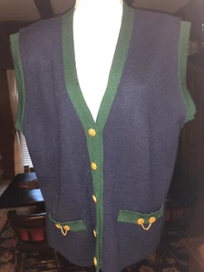 Vintage Cricket Lane Navy & Green Cardigan Sleeveless Sweater Vest Chain Trim L - Picture 1 of 6