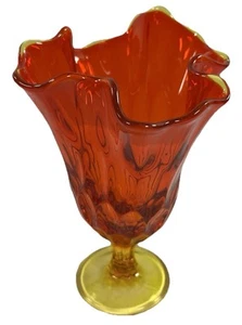 Vintage Fenton Footed Glass Vase Thumbprint Handkerchief Amberina Swung Tall - Picture 1 of 7