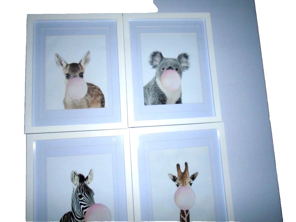 Arte enmarcado para habitación de niñas blanco 12 x 15, goma de mascar, ciervo, cebra, oso koala, Foto 1 de 4