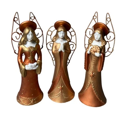 Russ Juego Dorado 3 Ángeles Cerámica Vintage Oro Rosa Brillo Alas Decoración Navidad Foto 1 de 4