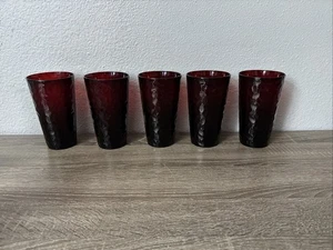 Set of 5 ~Arc Arcoroc France Ruby Red Vercors Hammered Drinking Glasses/Tumblers - Picture 1 of 5