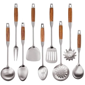 9 PCS 304 Stainless Steel Kitchen Cooking Utensils set with Wooden Handle, Me... - Picture 1 of 6