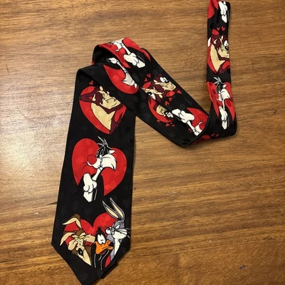 Corbata de seda vintage Looney Tunes día de San Valentín corazones Taz Bugs Bunny Daffy Mania Foto 1 de 4