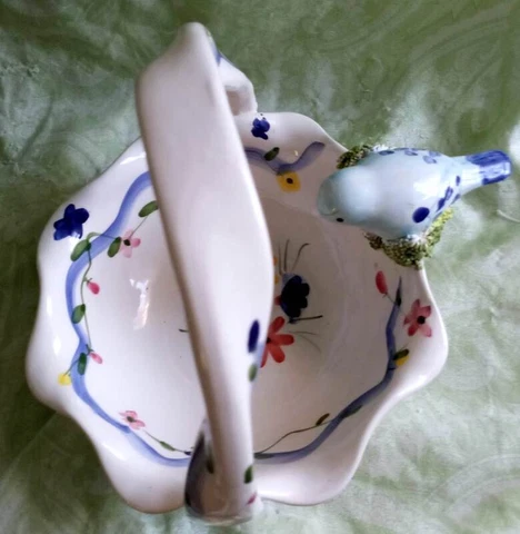 MCM Farmhouse Ceramic 3D Blue Bird Bowl Basket Fluted Edge Cover