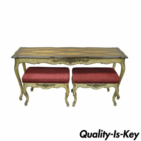 Vintage French Country Louis XV Style Console Hall Table and Pair Stools Benches Cover