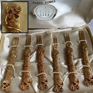 Vintage Birks Antique Florentine Gold Plated Party Forks Boxed Set of 6 - Picture 1 of 10