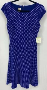 Anne Klein Dress Size 4 Blue Polka Dot Fit Flare Scoop Neck Cap Sleeve New B39 - Picture 1 of 9