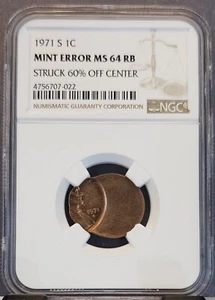 1971 S LINCOLN CENT 1C NGC MS 64 RB MINT ERROR STRUCK 60% OFF CENTER - Picture 1 of 3