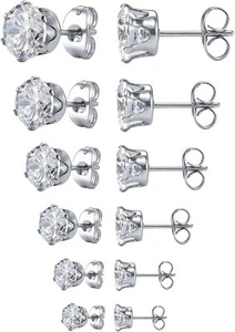 6 pares de pendientes de zirconia cúbicos redondos transparentes de acero inoxidable plateados - Imagen 1 de 5