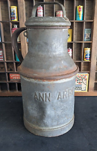 Antique ANN ARBOR DAIRY 4 QT Galvanized Steel Milk Can ~ Buhl Detroit Michigan