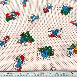 Vintage 1982 Christmas Smurfs Red Polka Dots White Cotton Blend by the HALF YARD - Picture 1 of 2