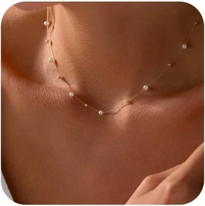 Gold Pearl Necklaces for Women: Dainty Pendant Necklace Simple 18K... - Picture 1 of 8