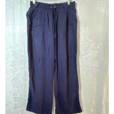 Ci Sona Pull On Pants XL Navy Blue Linen Blend Wide Leg Button Detail Pockets - Image 1 of 4