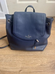 Kate Spade Pebbled Leather Navy Drawstring Backpack – Gold Hardware Medium Rucks - Picture 1 of 10