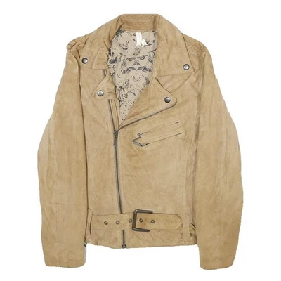 LEON & HARPER Womens Beige Leather Biker Jacket S Suede Zip Casual Outerwear - Image 1 of 4