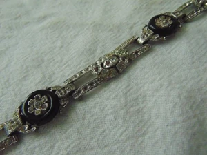 Pulsera vintage antigua Art Deco cristal negro círculos cristales transparentes - Imagen 1 de 8