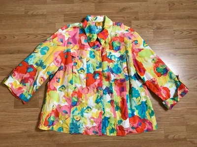 Ruby Rd Woman Jacket 1X Colorful 100% Linen 3/4 Sleeve Roll Up Tab Button Front - Image 1 of 4