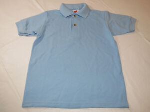 Youth Kids Hanes Stay Clean Polo shirt short sleeve light blue S 6-8 school 