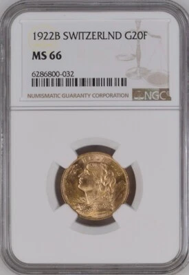 SUIZA, ORO 20 FRANCOS 1922 B - NGC MS 66, RARO9 Foto 1 de 2
