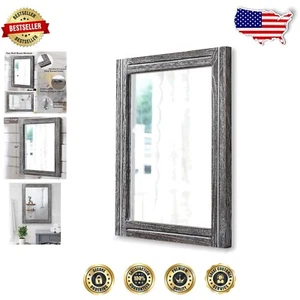 Rustic Large Wall Mirror 26"x18" in Dark Gray Wood Frame for Farmhouse Decor - Picture 1 of 9