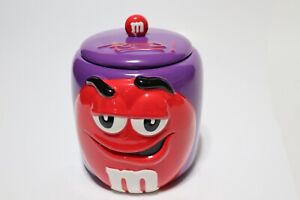 Vintage Red M&M 2003 Purple Galerie Ceramic Candy Cookie Jar W/Lid Fair Shape