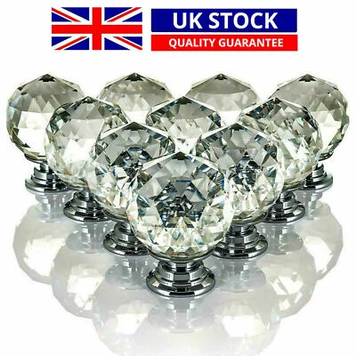 CLEAR CRYSTAL DIAMOND GLASS DOOR KNOBS CUPBOARD DRAWER FURNITURE HANDLE CABINET - Image 1 of 4