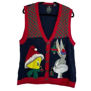 VTG Warner Bros. Studio Hand Knit Bugs Bunny & Tweety Christmas sweater vest XL - Picture 1 of 11