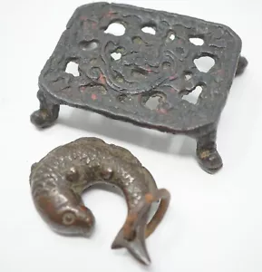 Japanese Antique Copper-Fish & Bronze Mini-Table Orignal from Japan 0204F15 - Picture 1 of 15