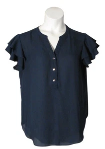 New Directions L Solid Navy Blue Short Sleeve Shirt Top Blouse - Picture 1 of 3