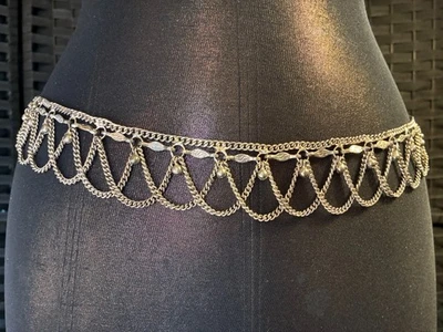 Vintage CHAIN DRAPE BEAD DROP BELT 29-33 Fit MEDIUM Silver Metal Bellydance Goth - Image 1 of 4