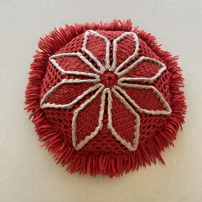 Vintage MCM Throw Pillow Orange White Crotched Round  Accent 14” Retro Groovy - Image 1 of 3