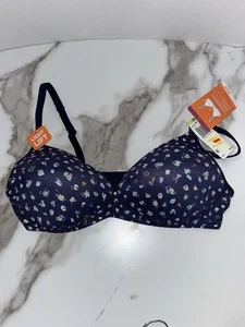 Warners Bra Signature Satin Blue Floral Print Bra 36 B Wireless Light Lift New - Picture 1 of 5