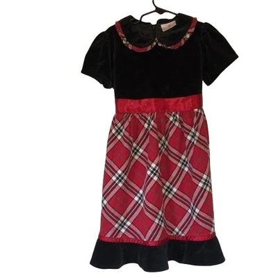 Vestido de Vacaciones Hanna Andersson Negro Terciopelo Rojo Cuadros Cuello Peter Pan Talla 110/5 Foto 1 de 4