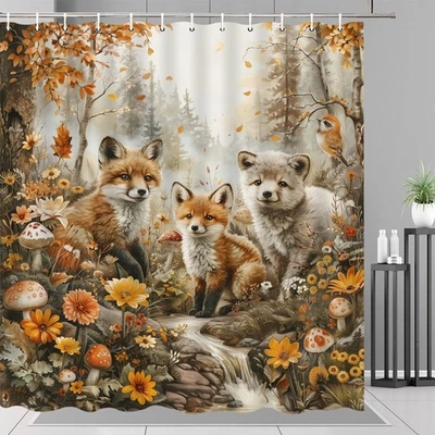 Cortina de ducha de zorro floral de dibujos animados bosque animal mariposa decoración rústica baño Foto 1 de 4