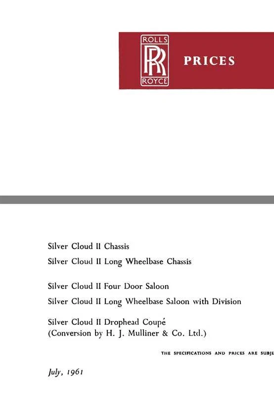 Rolls Royce 1961 - Rolls Royce Prices (Silver Cloud II) July 1961 - Image 1 of 1