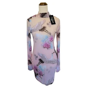 NWT Jaded London Mesh Sheer Mini Dress Lotus Crane Design Sz M Y2K 90s Festival - Picture 1 of 8