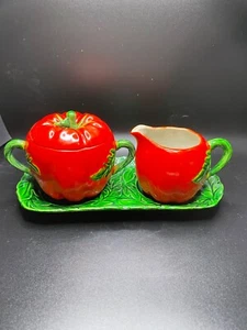 Tomato Cream & Sugar Bowl w Lid on tray Made In Occupied Japan Maruhon Ware - Picture 1 of 21
