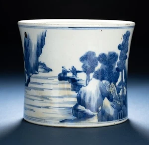 18th Century Chinese Qing Antique Kangxi Mark Blue and White Porcelain Brush Pot - Picture 1 of 13