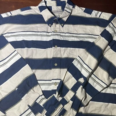 Винтажная хлопковая рубашка с длинным рукавом на пуговицах размер XL синий/зеленый в полоску - Изображение 1 из 4