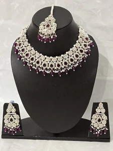 Indian Bollywood Silver &Purple Pearl Necklace Earrings Tikka Jewellery Set - Picture 1 of 2
