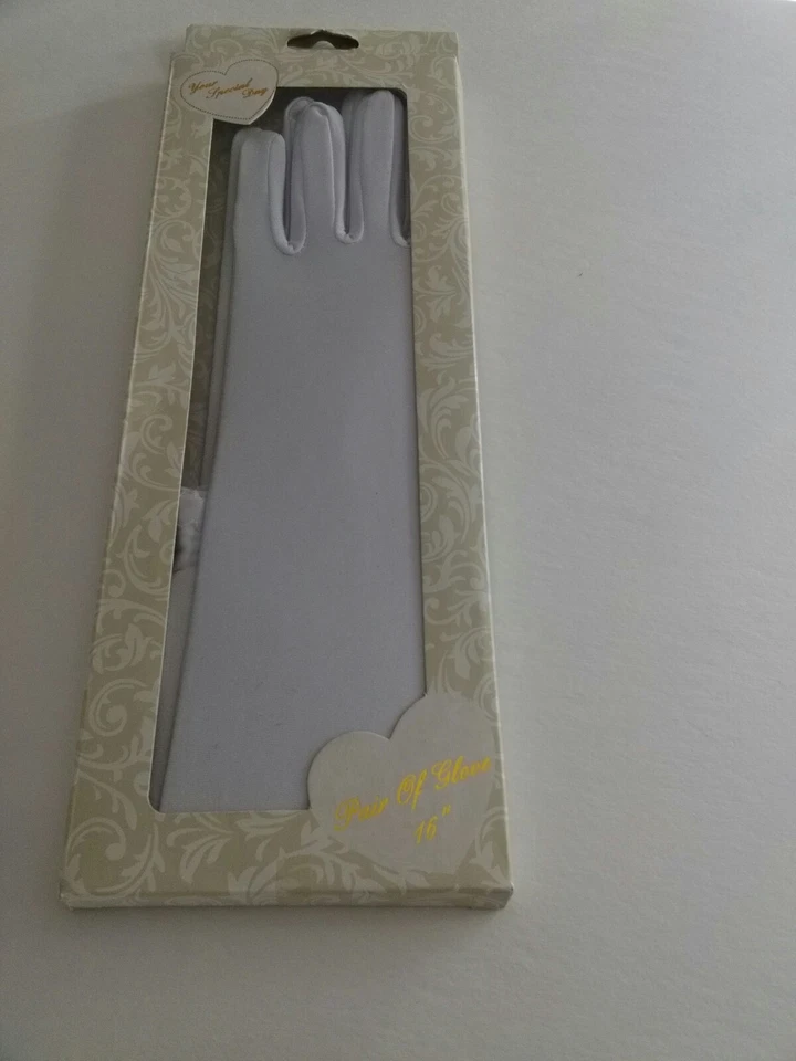 新娘婚礼手套 16 英寸肘长条纹闪亮白色 — 第 1/4 张图片